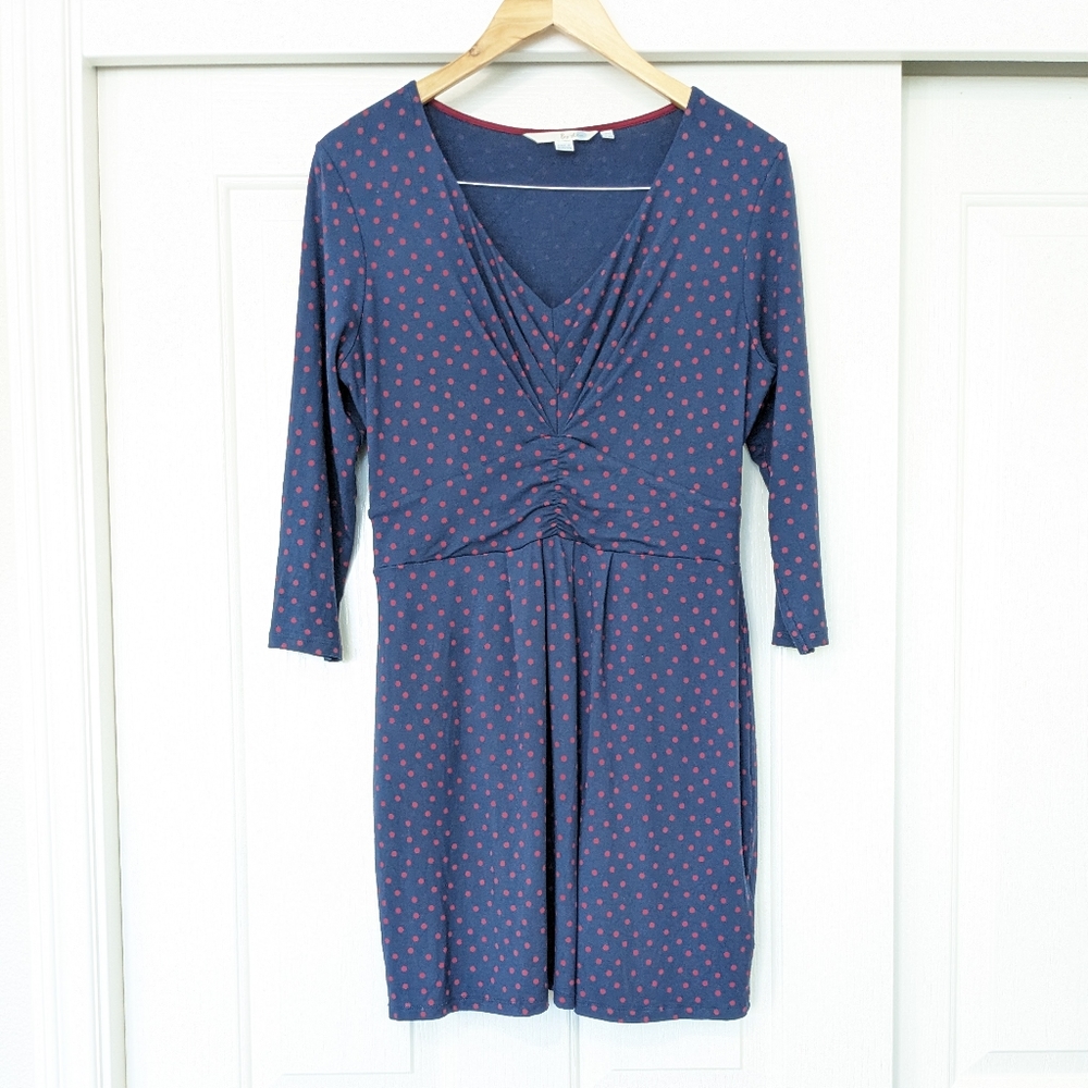 BODEN Knit Blue Red Polka Dot V Neckline 3/4 Sleeve Dress Size 10